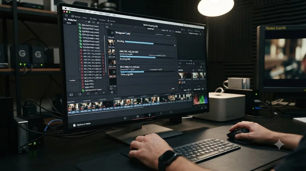 Illustration of a compressed camera file being converted into an edit-friendly optimized media copy for DaVinci Resolve