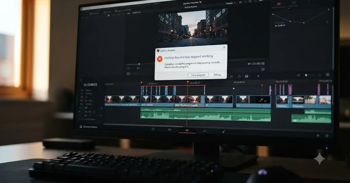 Illustration of a DaVinci Resolve crash error dialog appearing over an editing timeline