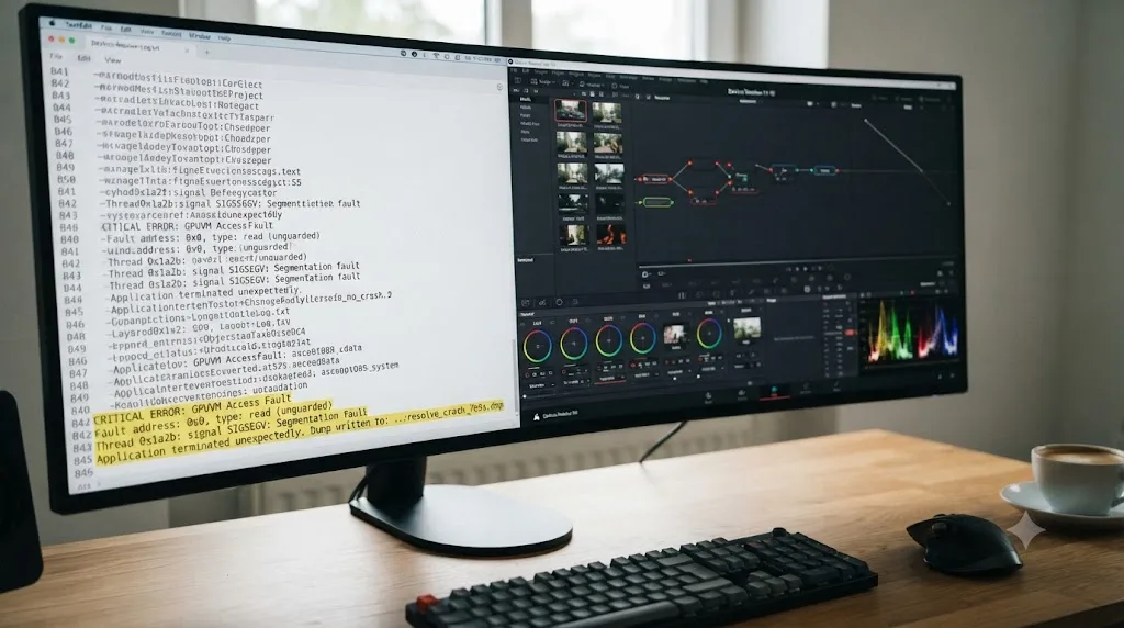 Illustration of a crash log file with its final error lines highlighted next to a DaVinci Resolve window