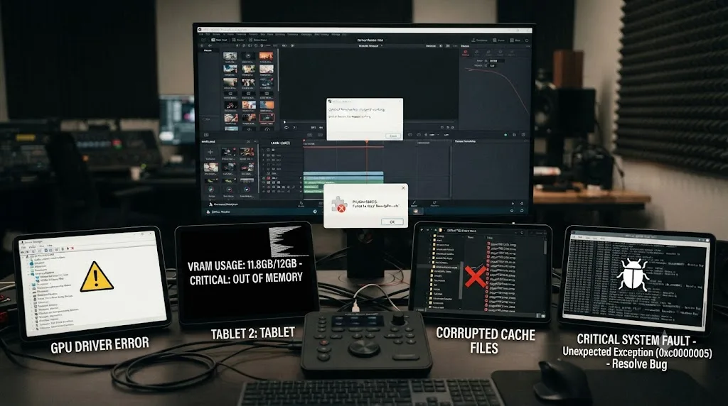 Illustration of five separate causes of DaVinci Resolve crashes: GPU drivers, VRAM, corrupted cache, plugins, and software bugs