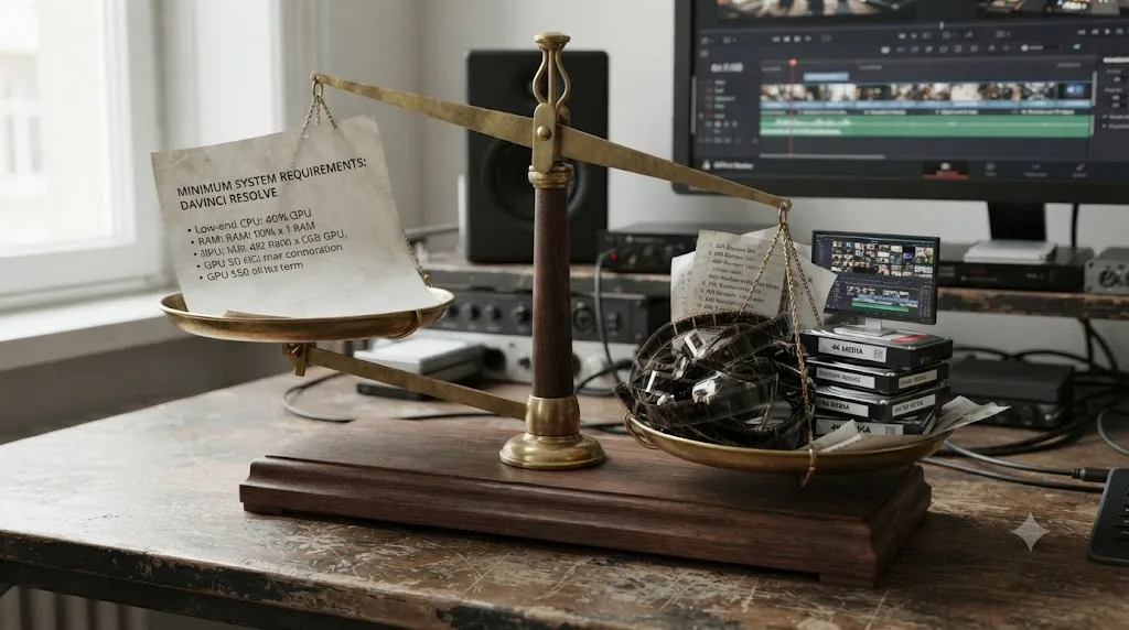 Illustration of a balance scale weighing a minimum hardware spec sheet against a heavy 4K timeline