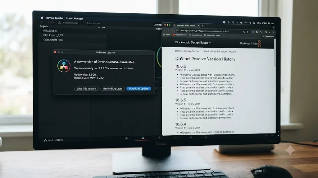 Illustration of a DaVinci Resolve update notification for a new point release