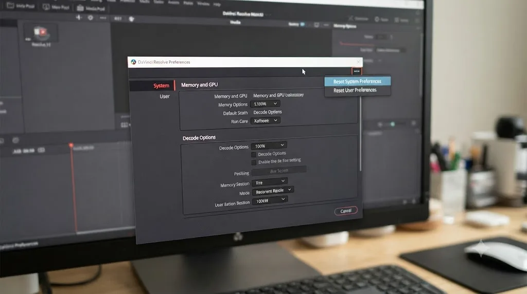 Illustration of the DaVinci Resolve preferences panel with a reset option highlighted