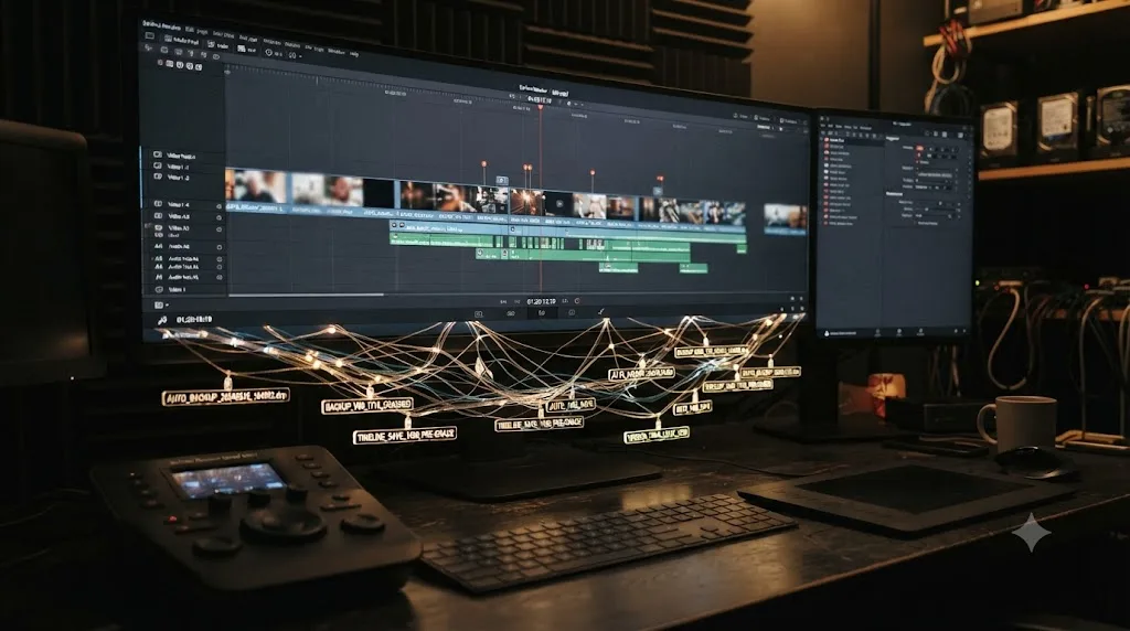 Illustration of timestamped project backups forming a safety net under a DaVinci Resolve timeline