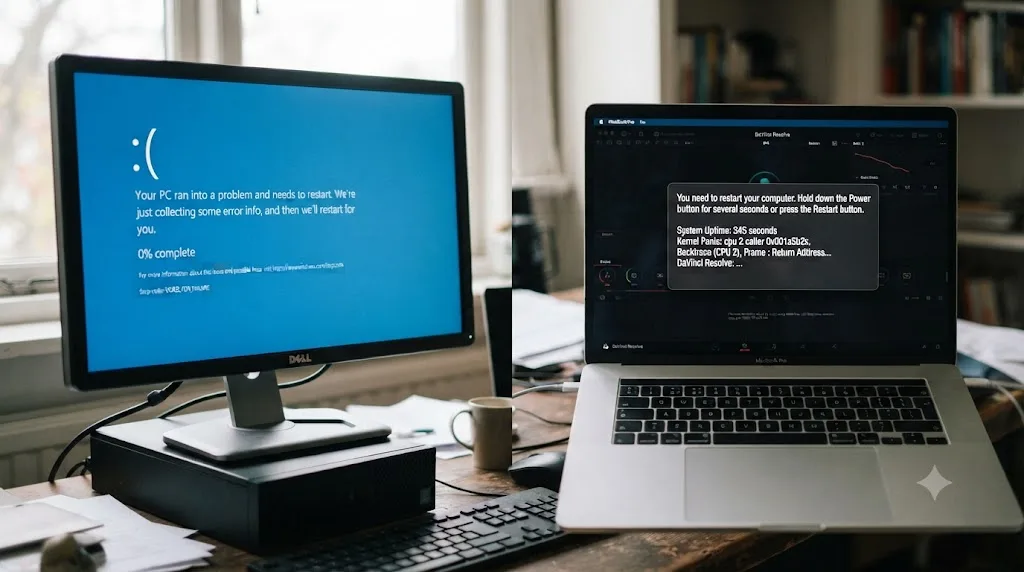 Illustration of a Windows PC and a Mac side by side with different DaVinci Resolve crash causes