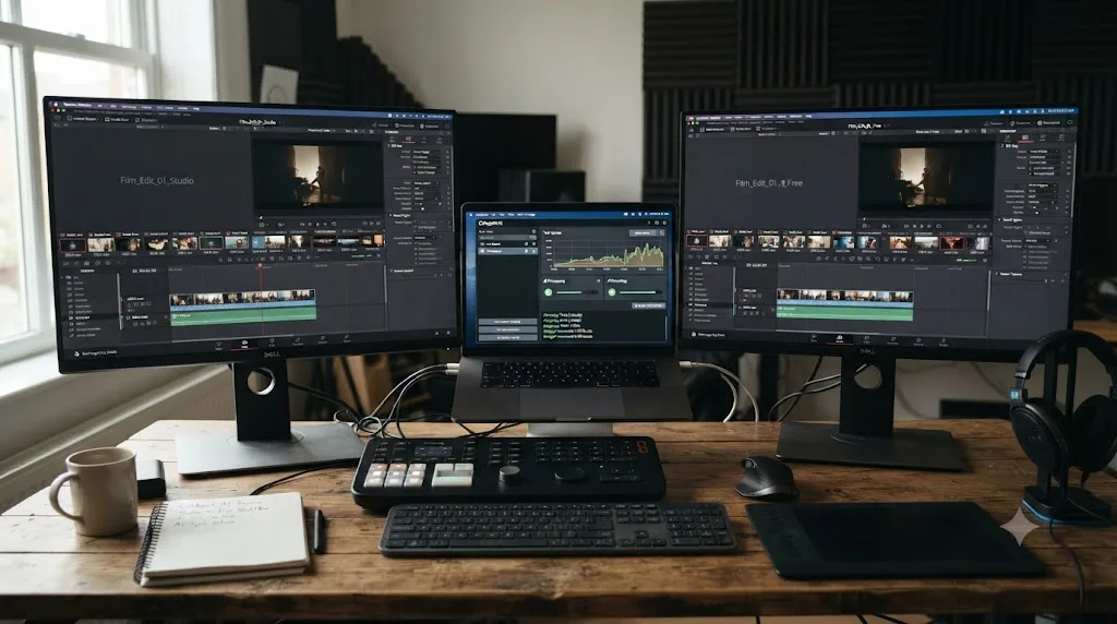Illustration of DaVinci Resolve Free and DaVinci Resolve Studio both connected to the same AI editing agent app