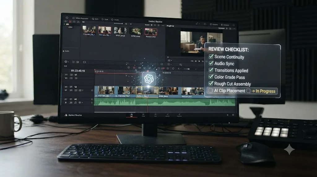 Illustration of an AI agent icon rearranging clips on a DaVinci Resolve timeline next to a review checklist