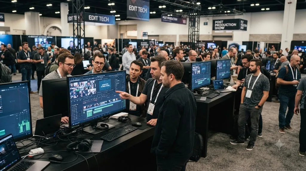 Illustration of a trade show floor with AI editing agent booths and editors watching live demos