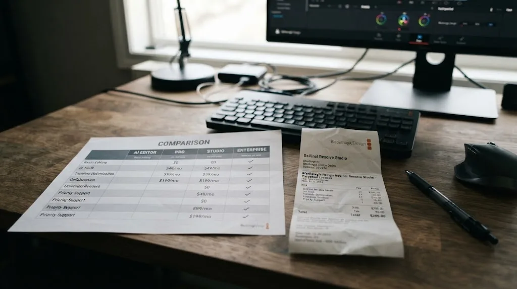Illustration of a tiered subscription pricing chart next to a one-time DaVinci Resolve Studio purchase receipt
