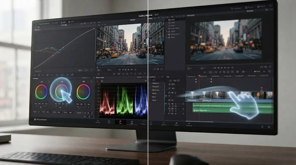 Illustration comparing an AI tutor circling a control with an AI agent moving a clip on a DaVinci Resolve timeline