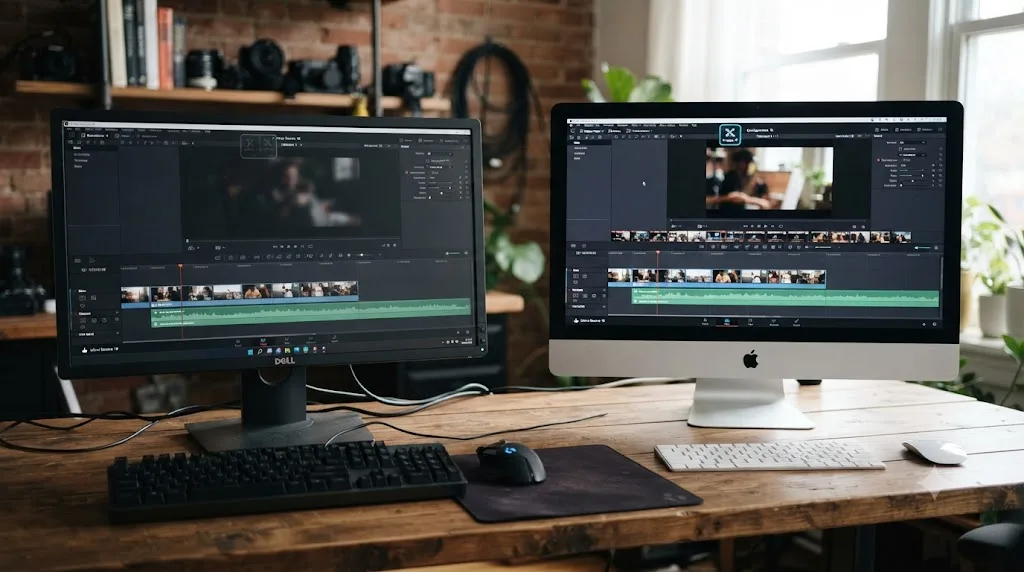 Illustration of a disabled AI editing agent icon on a Windows PC next to an active version on a Mac