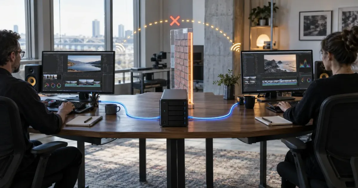 Illustration of DaVinci Resolve collaborators and two network communication paths