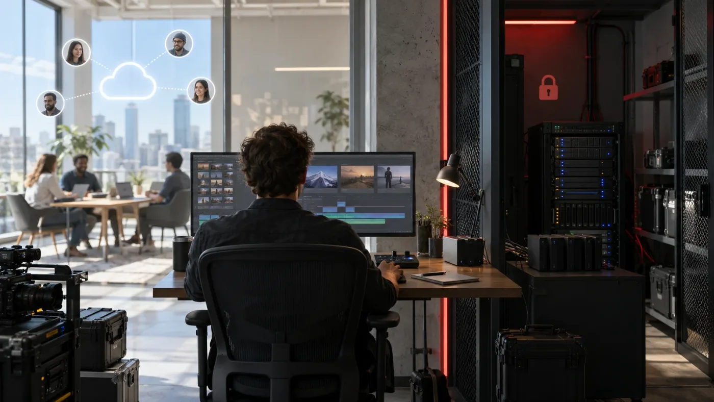 Illustration of Blackmagic Cloud and Project Server collaboration paths