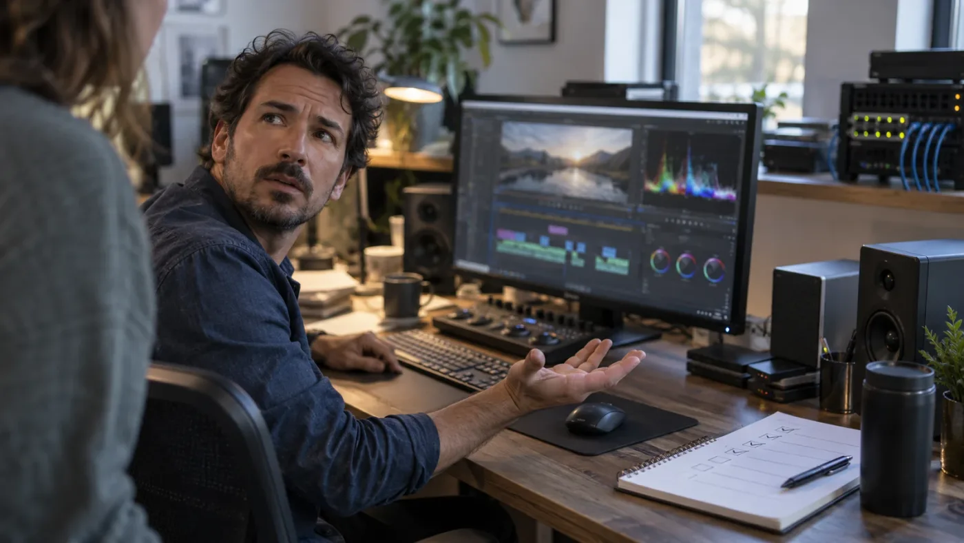 Illustration of on-screen guidance for a DaVinci Resolve collaboration setting