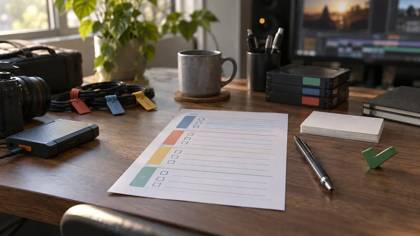 Illustration of a DaVinci Resolve project handoff checklist for organized media