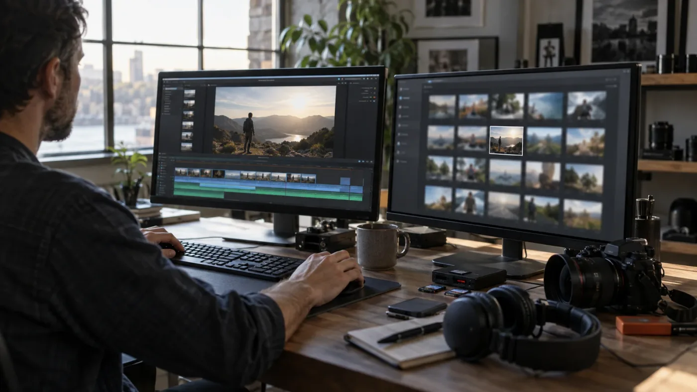 Illustration of an editor reviewing an AI search result from selected media clips