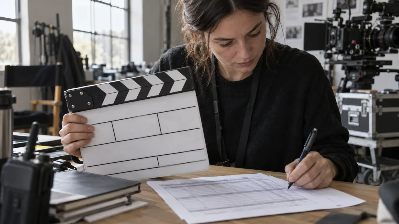 Illustration of scene and take slate information being verified against production notes