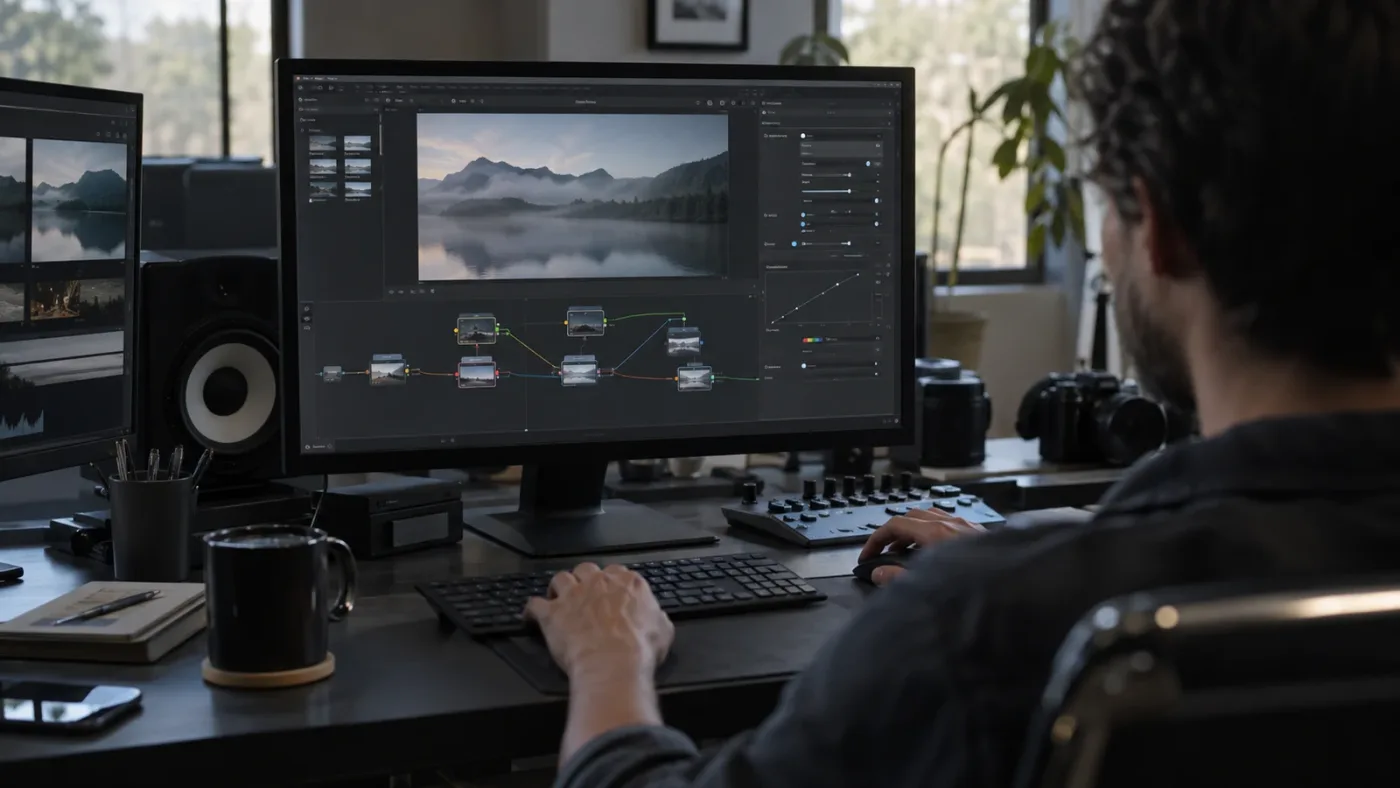Illustration of an editor checking shared Fusion controls beside a node graph