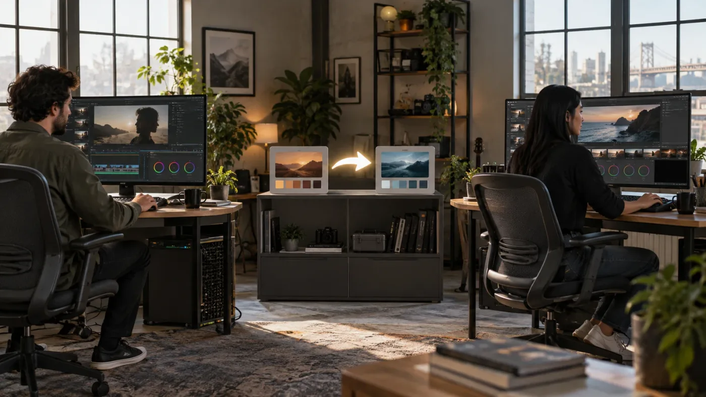 Illustration of multi-user DaVinci Resolve projects connected through a project library