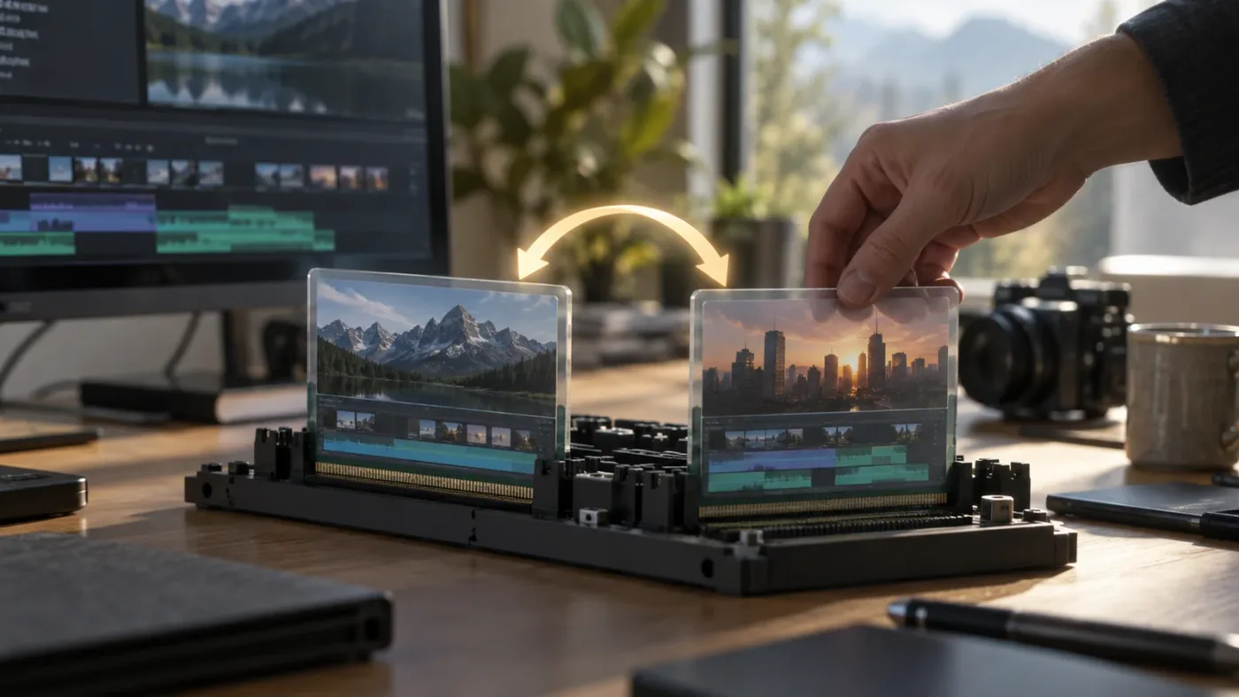 Illustration of two DaVinci Resolve projects loaded side by side in working memory