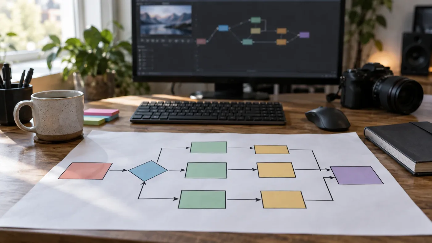 Illustration of the DaVinci Resolve 21 Fusion missing-controls troubleshooting decision tree