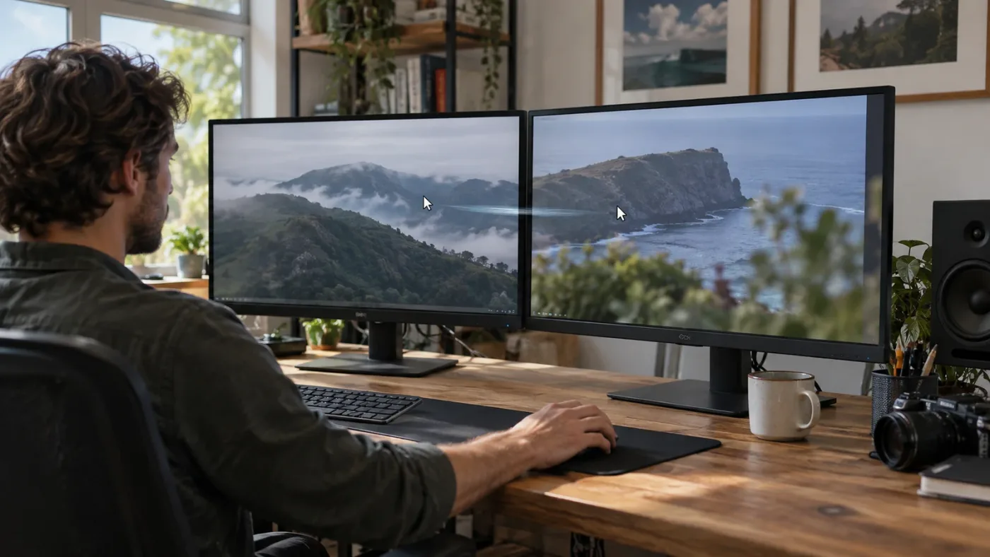 Illustration of a dual-monitor setup being checked for interface focus problems