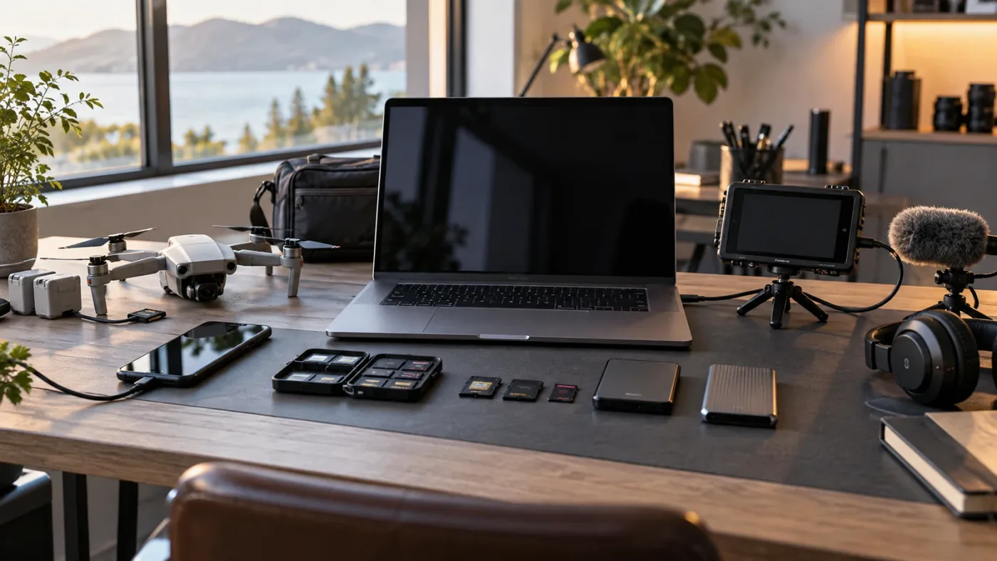 Illustration of phone drone and screen-recording H.265 sources prepared for DaVinci Resolve