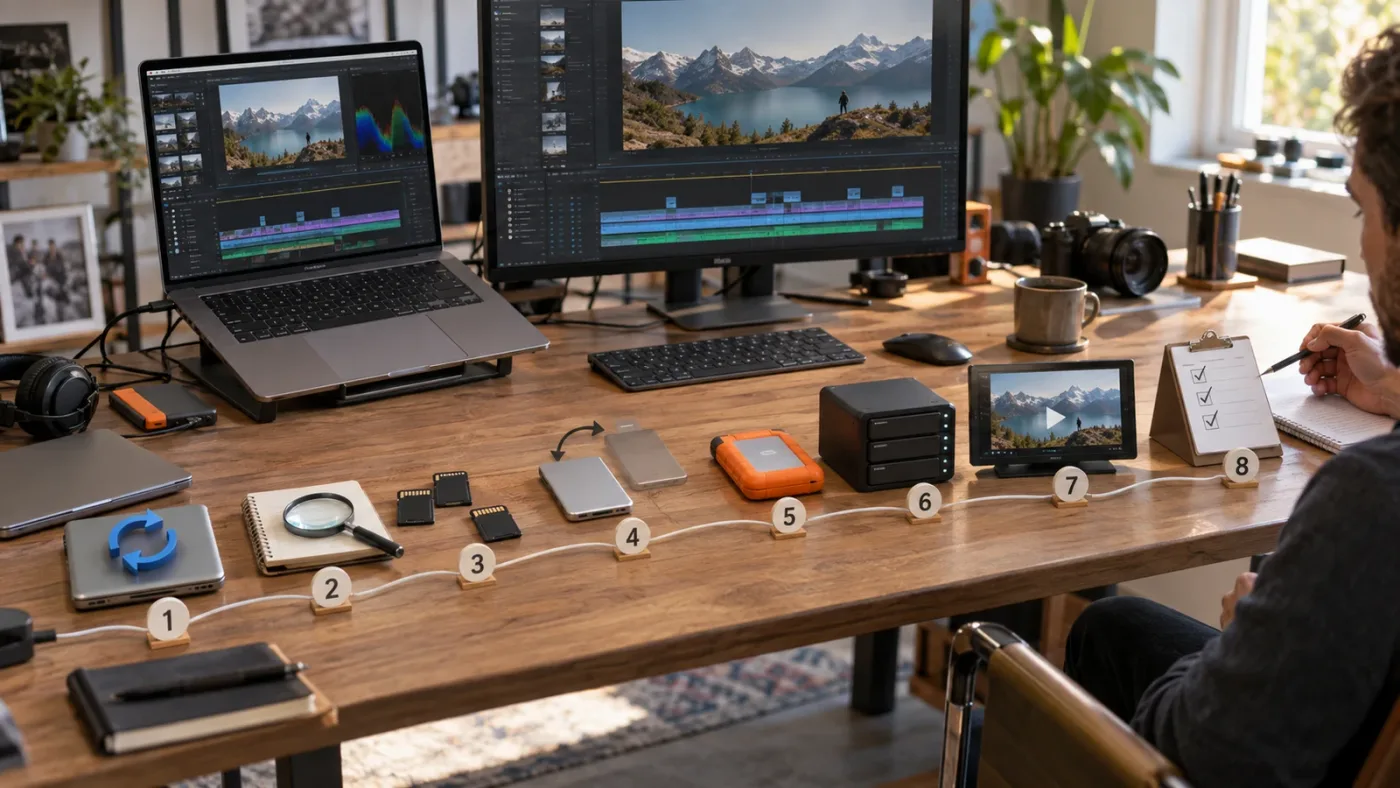 Illustration of a numbered DaVinci Resolve 21 H.265 playback fix sequence
