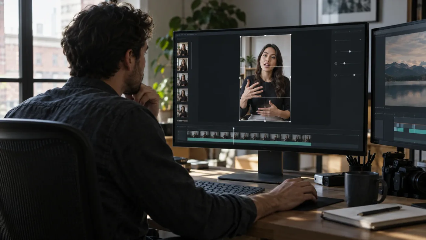 Illustration of a video editor checking a vertical crop before saving a transform preset