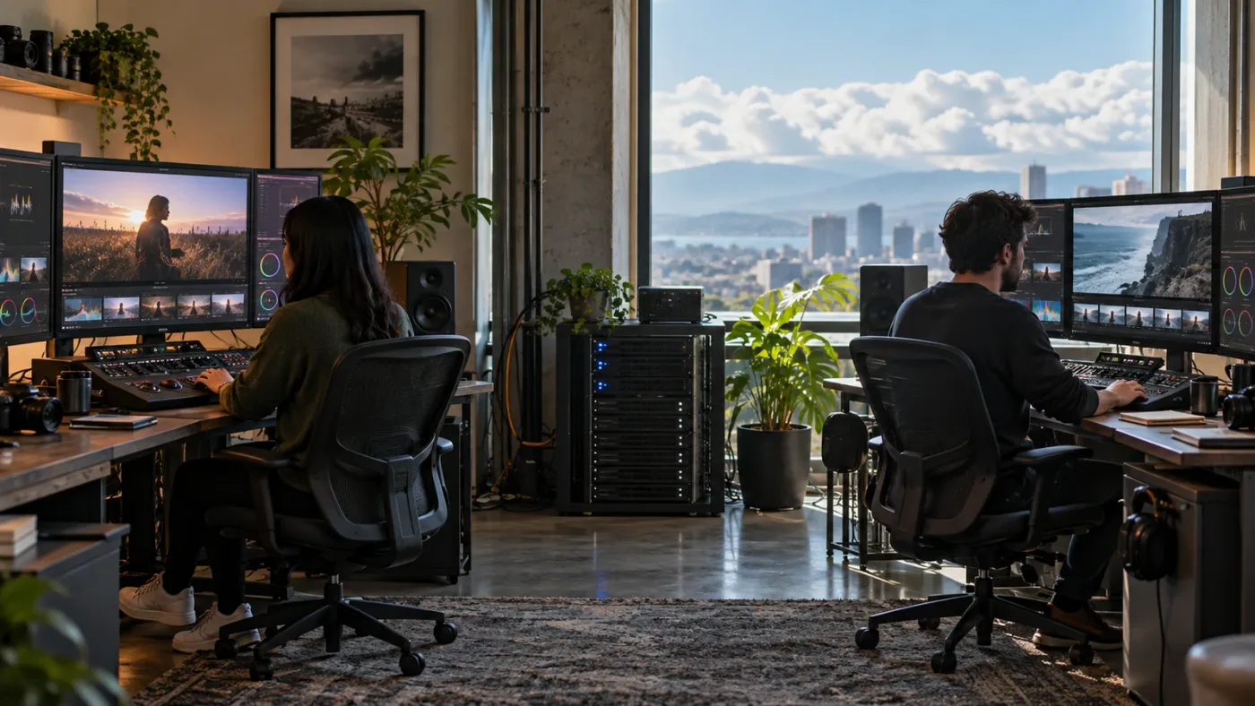 Illustration of two DaVinci Resolve collaboration setups, cloud and private server