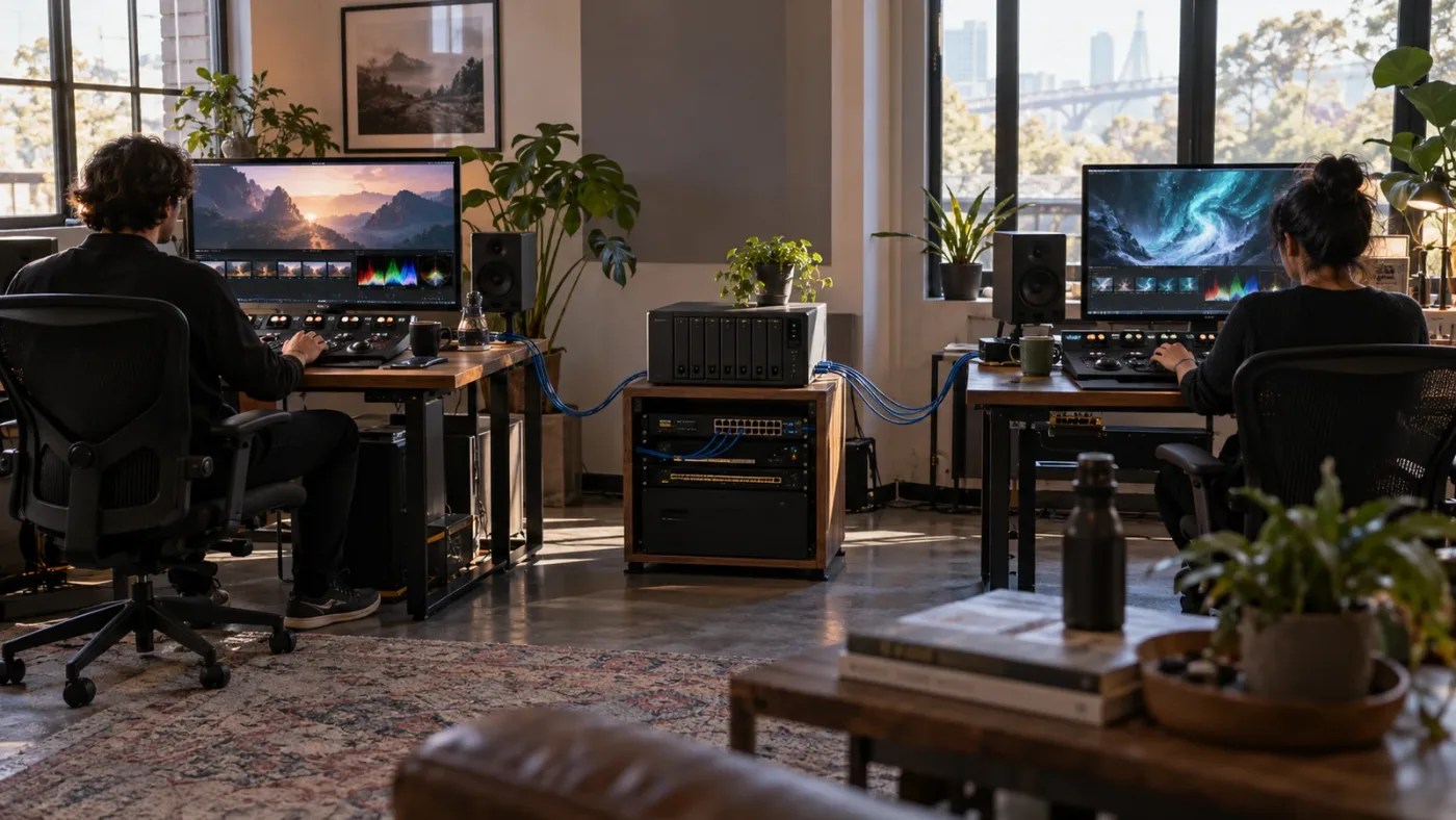 Illustration of a DaVinci Resolve Project Server connected to several workstations