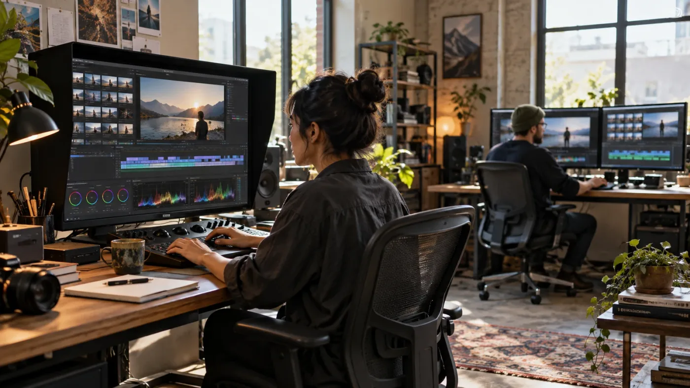 Illustration of two editors collaborating on one DaVinci Resolve project from different workstations