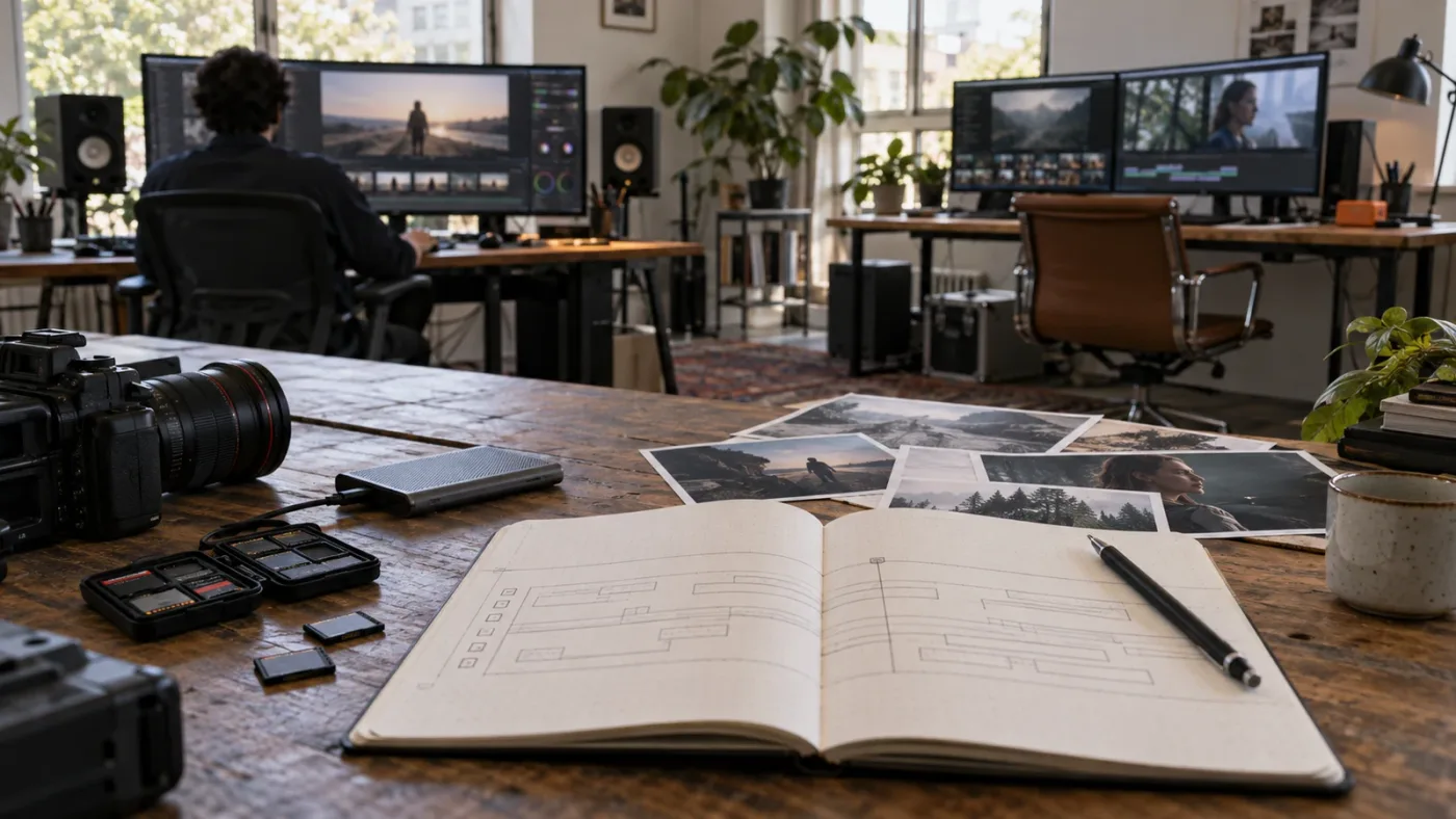 Illustration of the three parts of a DaVinci Resolve multi-user workflow