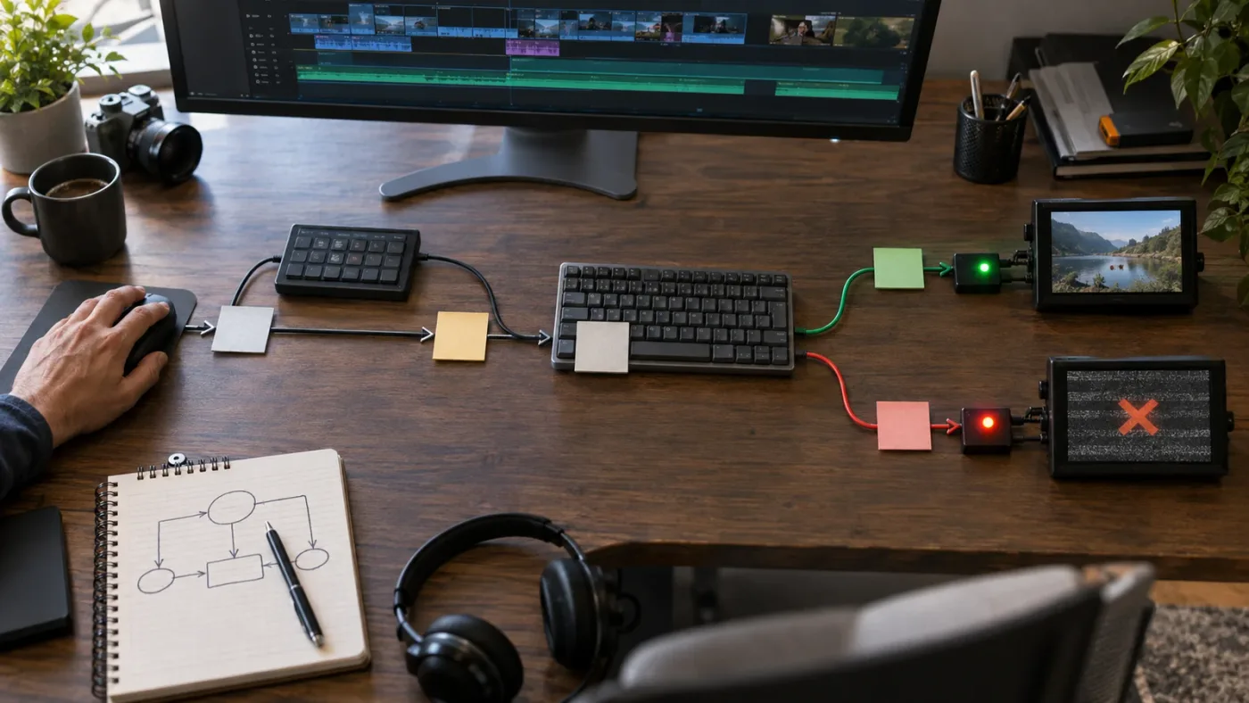 Illustration of a DaVinci Resolve multicam shortcut diagnosis decision tree