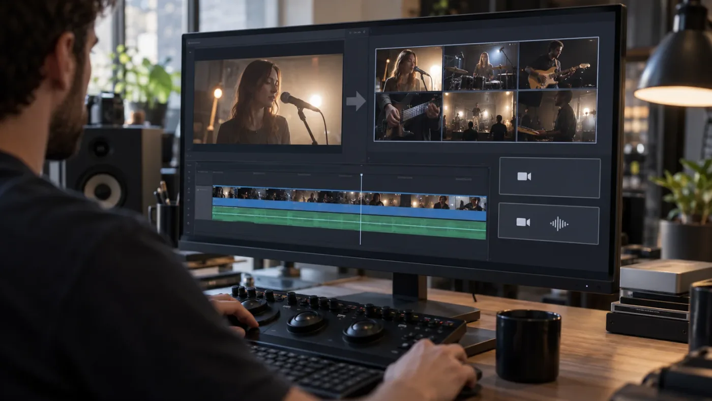 Illustration of DaVinci Resolve Multicam Viewer mode and target controls