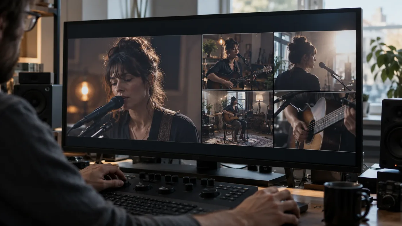 Illustration of one-angle and multicam-grid playback tests in a video editing workflow