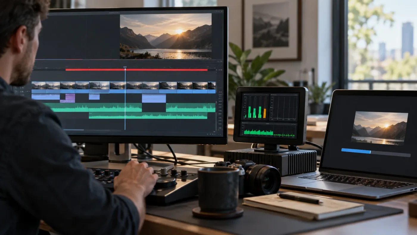 Illustration of three different DaVinci Resolve status indicators for cache, GPU, and export progress