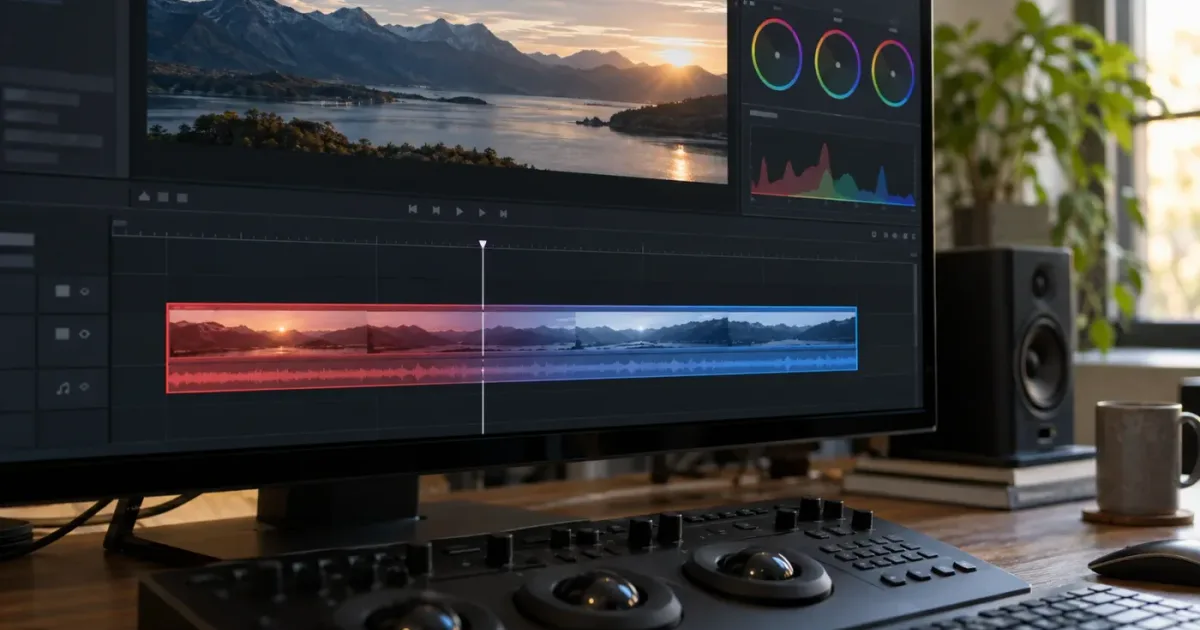 Illustration of red and blue render-cache status bars above a video timeline