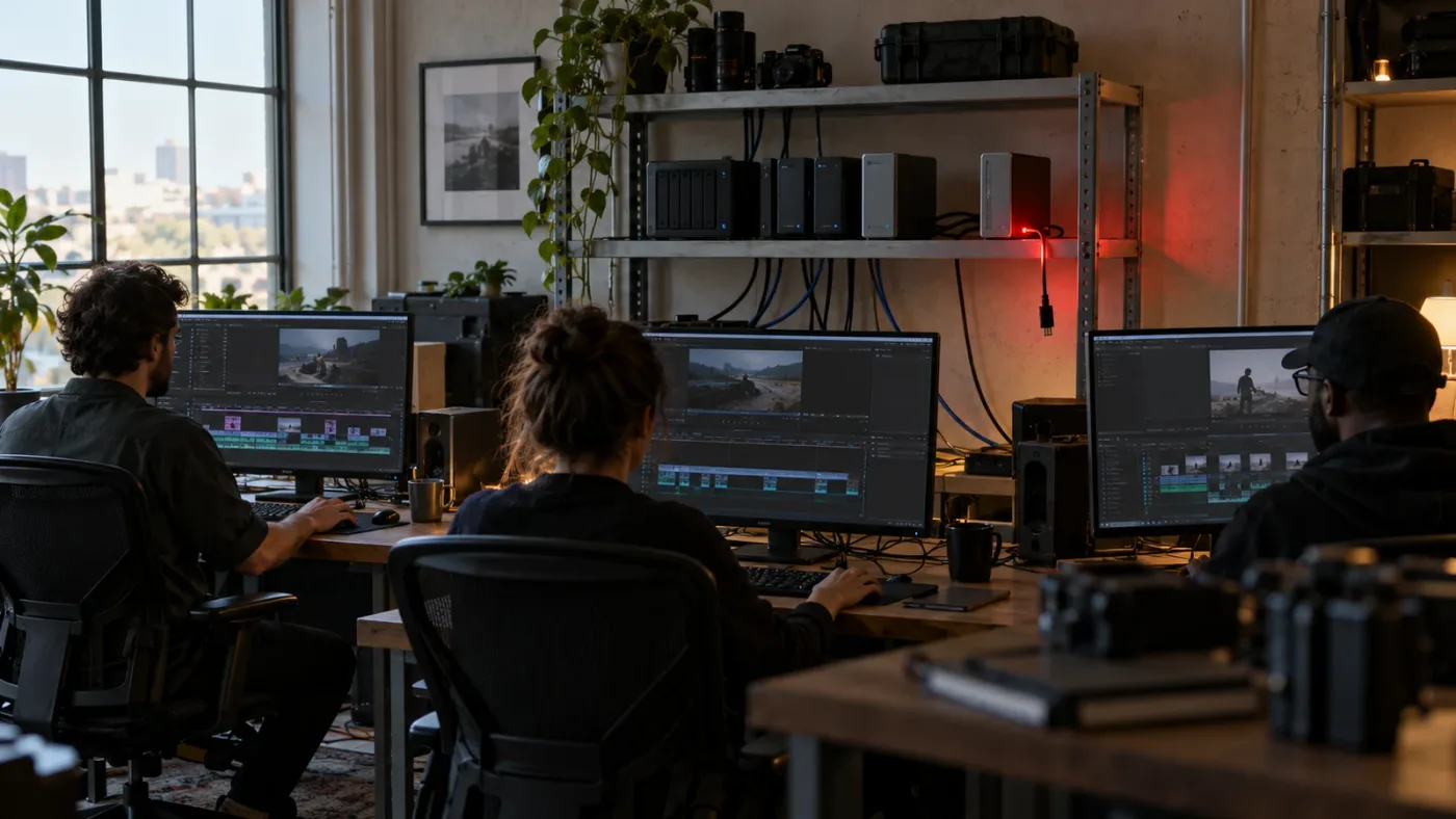 Illustration of macOS, Windows, and Linux workstations using accessible cache storage
