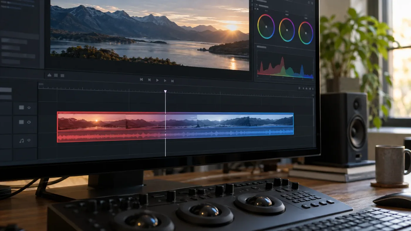 Illustration of red and blue render-cache status bars above a DaVinci Resolve timeline
