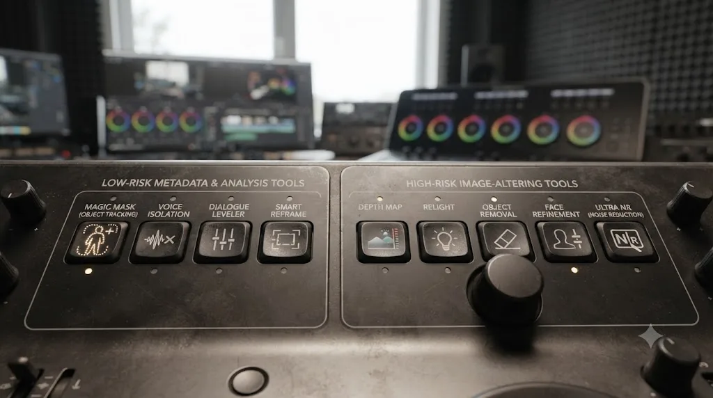 Illustration of the nine DaVinci Resolve 21 AI tools sorted by risk and usefulness