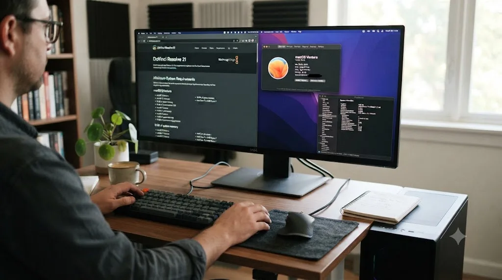Illustration of a computer setup being checked against DaVinci Resolve 21 system requirements