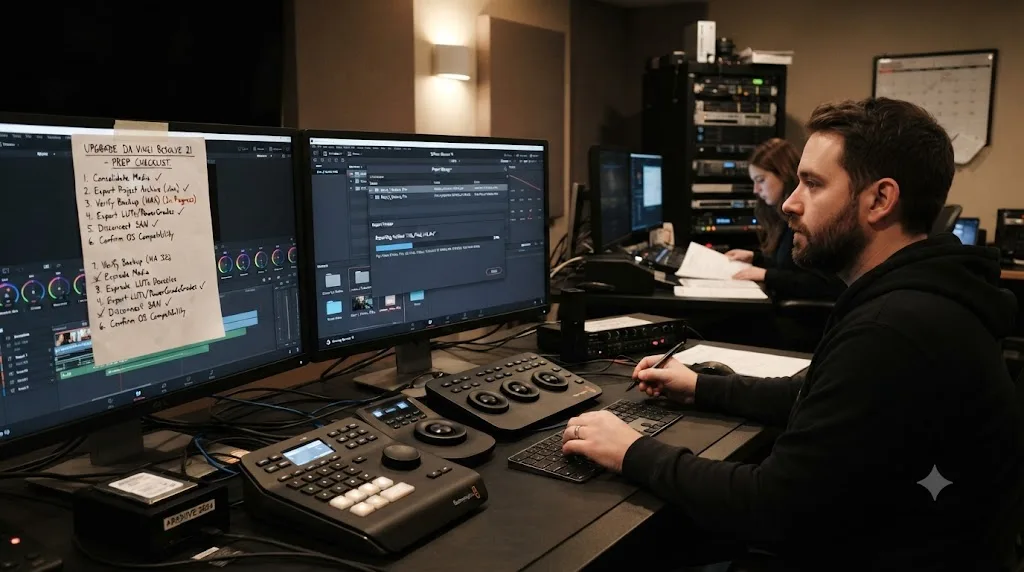Illustration of project files being archived before a DaVinci Resolve 21 upgrade