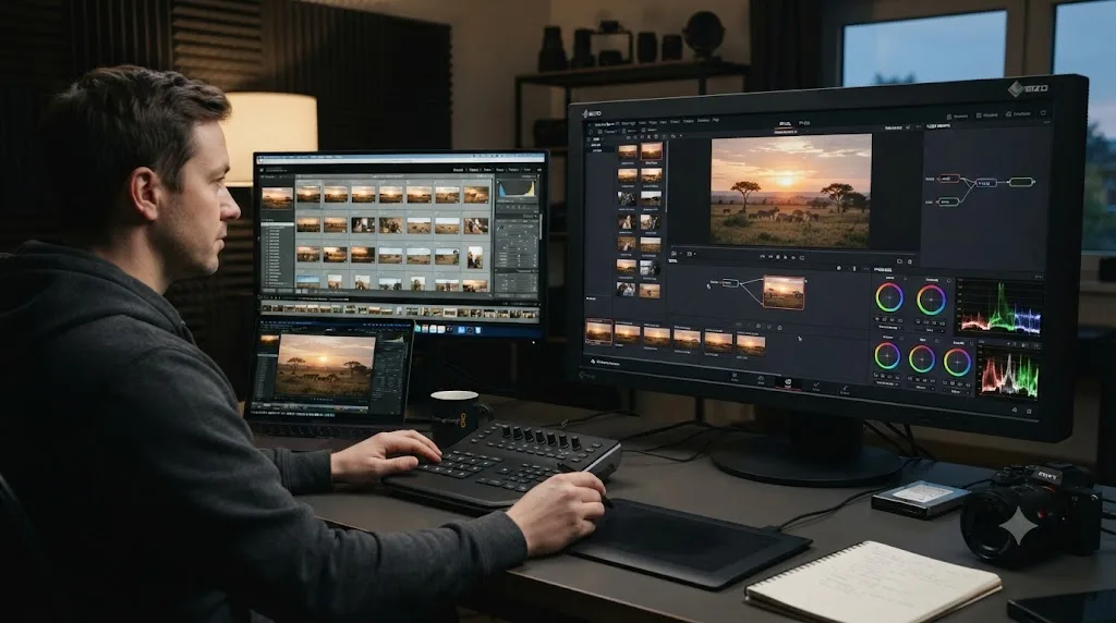 Illustration of the DaVinci Resolve 21 Photo page compared with a traditional photo library workflow