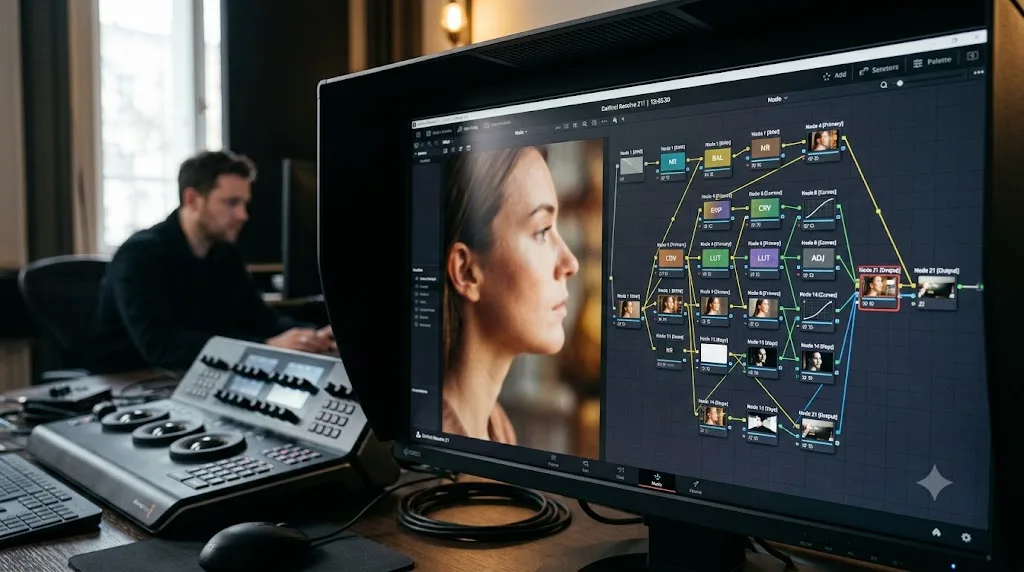Illustration of a node-based color grade applied to a still photo in DaVinci Resolve 21