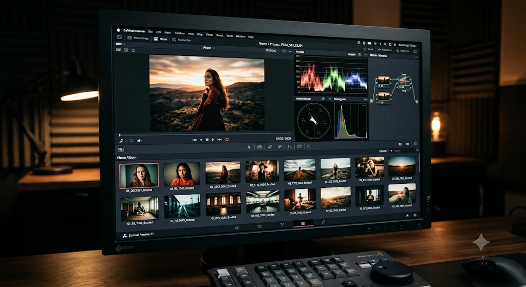 Illustration of the new Photo page in DaVinci Resolve 21 showing a graded still image album