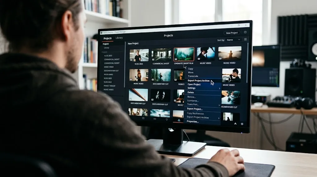 Illustration of exporting a project archive from the DaVinci Resolve Project Manager before upgrading