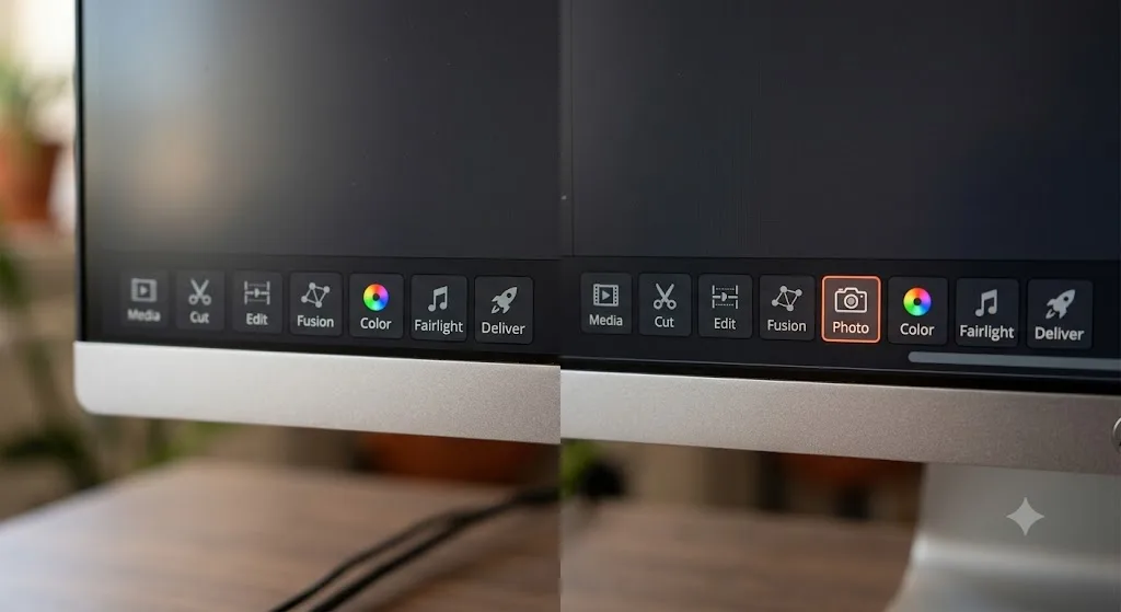 Illustration comparing the DaVinci Resolve 20 and 21 page toolbars with the new Photo page tab