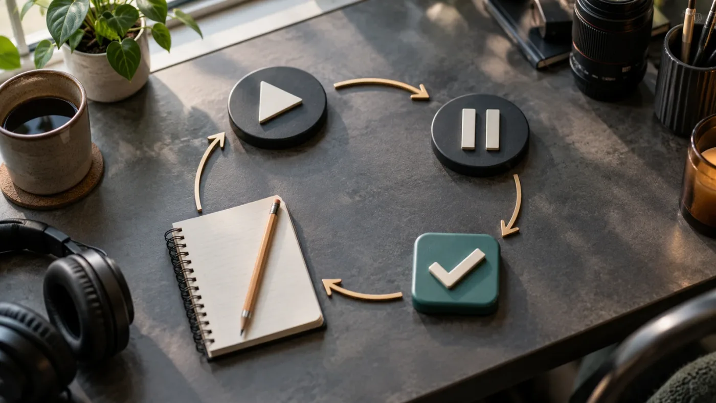 Illustration of a repeatable DaVinci Resolve tutorial practice loop