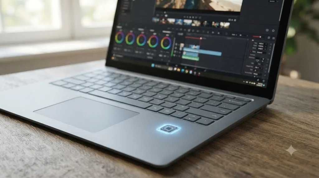 Illustration of a Windows on ARM laptop running DaVinci Resolve 21 with a glowing NPU chip icon